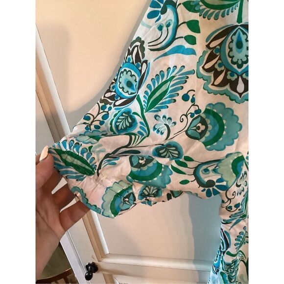 Talbots Plus Paisley Top Blouse Sz 3X Ruffled Square Neck Sleeve Blue Green - Picture 2 of 9